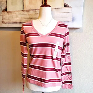 SO | Essential V-Neck Long Sleeve T-Shirt in Pink Stripe sz Various